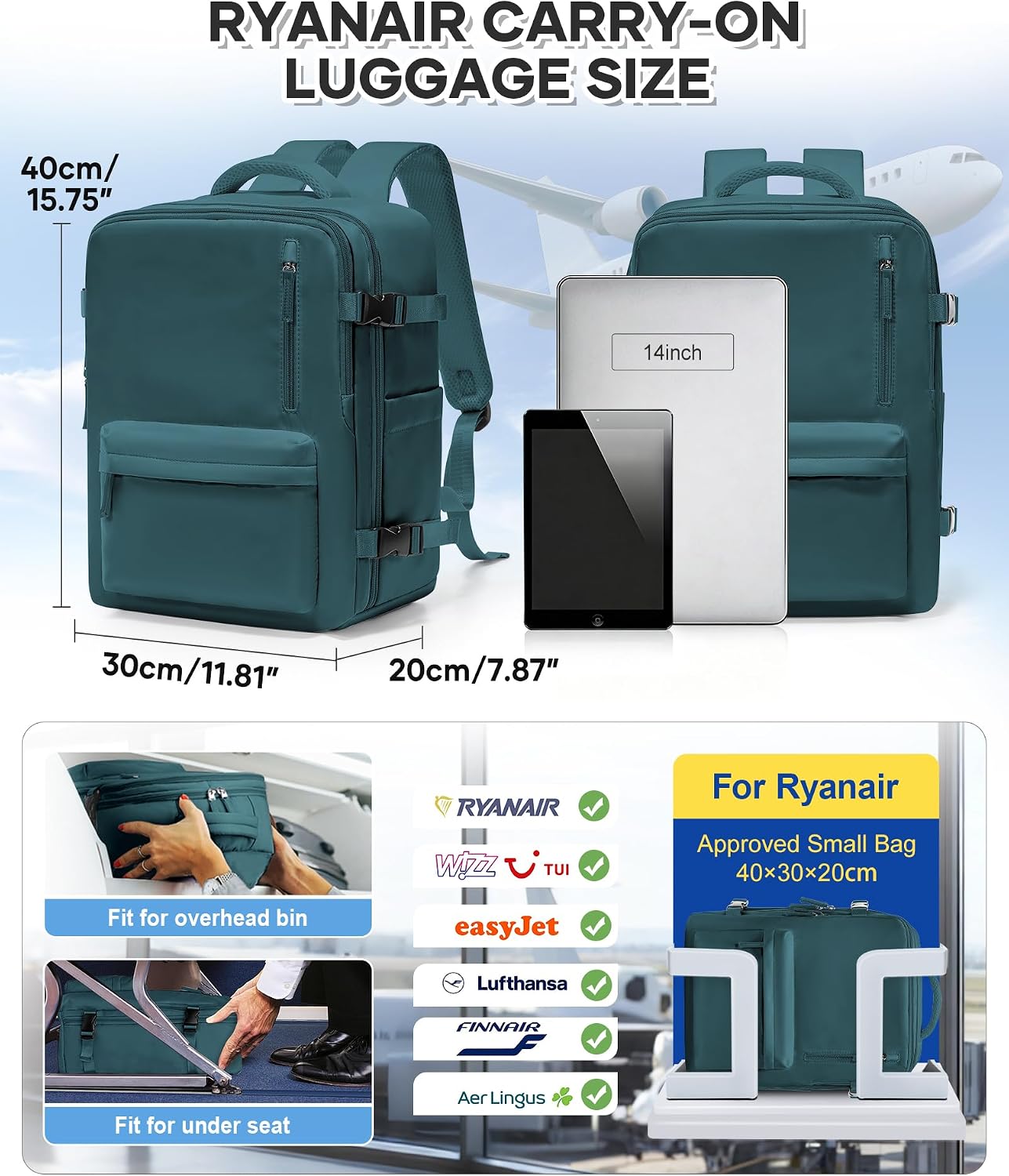 Detalle de BJLFS Zaino da Cabina 40×30×20 cm: compatibile Ryanair e viaggi quotidiani
