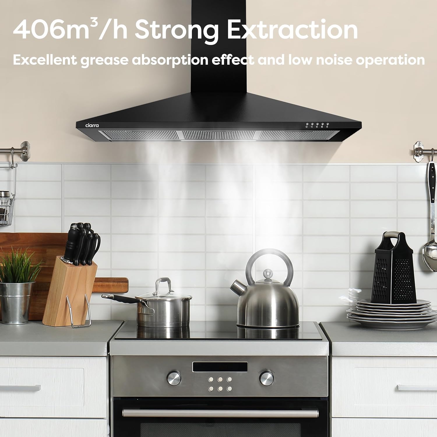 Detalle de CIARRA CBCB9201 Hotte Murale 90 cm – Classe A++ et finition Noir Mat