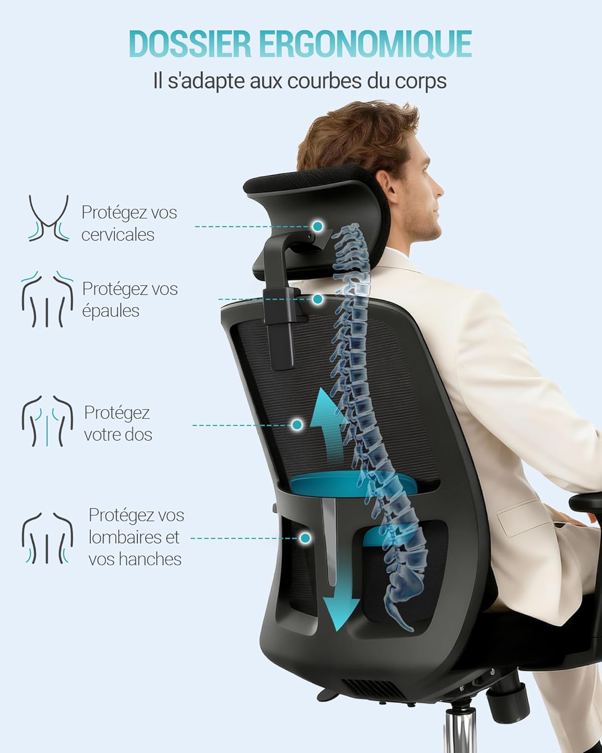 Thumbnail 6 de Hzuaneri Chaise de bureau ergonomique ON00199B avec appui-tête et soutien lombaire réglables (jusqu’à 150 kg), noir