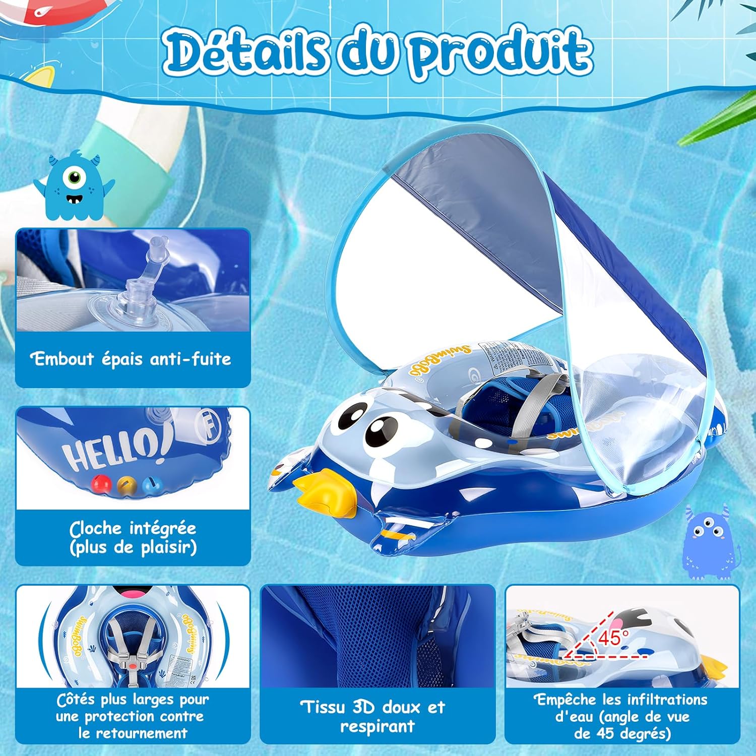 Thumbnail 1 de YOOHBERRYS Bouée bébé gonflable avec pare-soleil et support inférieur (3 à 36 mois)