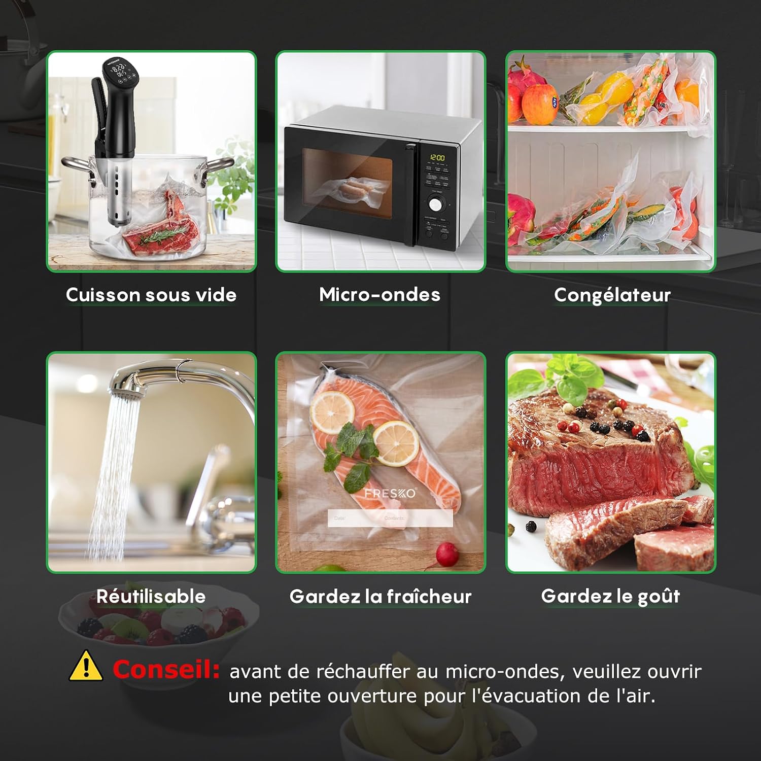 Detalle de FRESKO Sacs sous vide alimentaire 20 x 30 cm – Lot de 120 sachets pour congélation, conservation et cuisson sous vide