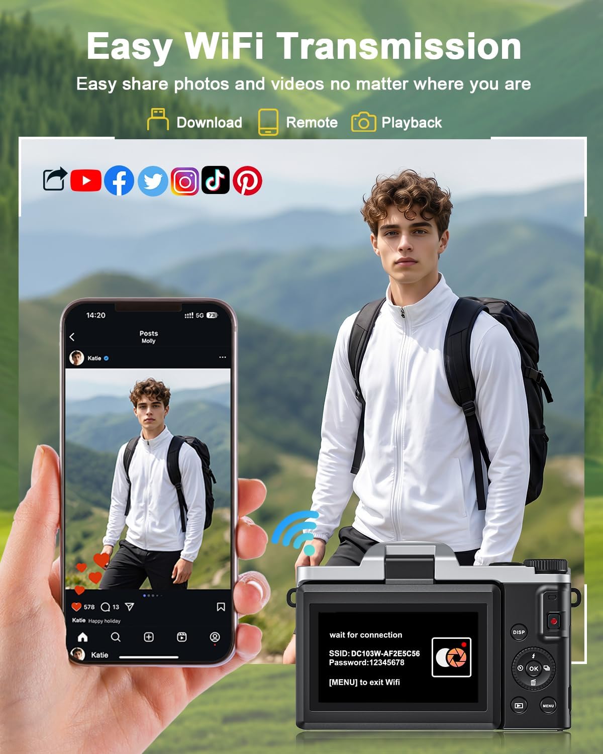 Detalle de 4K Digital Camera with WiFi, 64MP Autofocus Vlogging Camera with 3" Flip Screen – 16X Zoom, Included 32GB Card & 2 Batteries