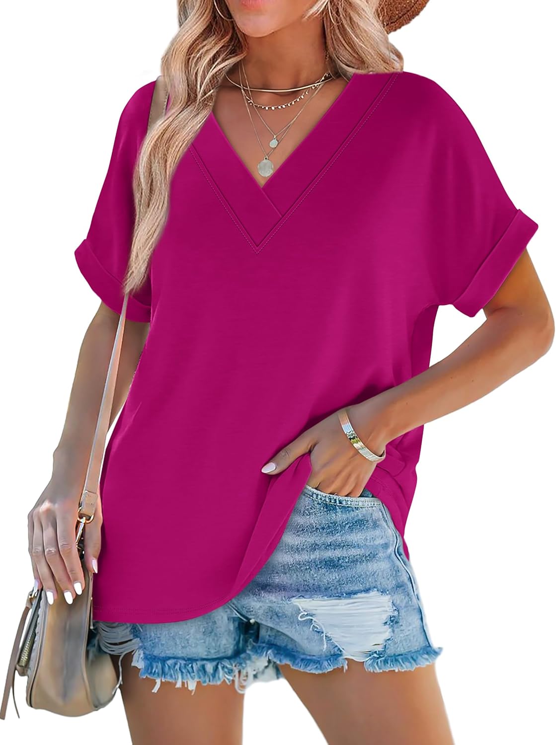 Thumbnail 1 de WIHOLL Women’s V-Neck Dolman Sleeve Summer Top (Rolled Sleeve) — Soft Stretch Blend