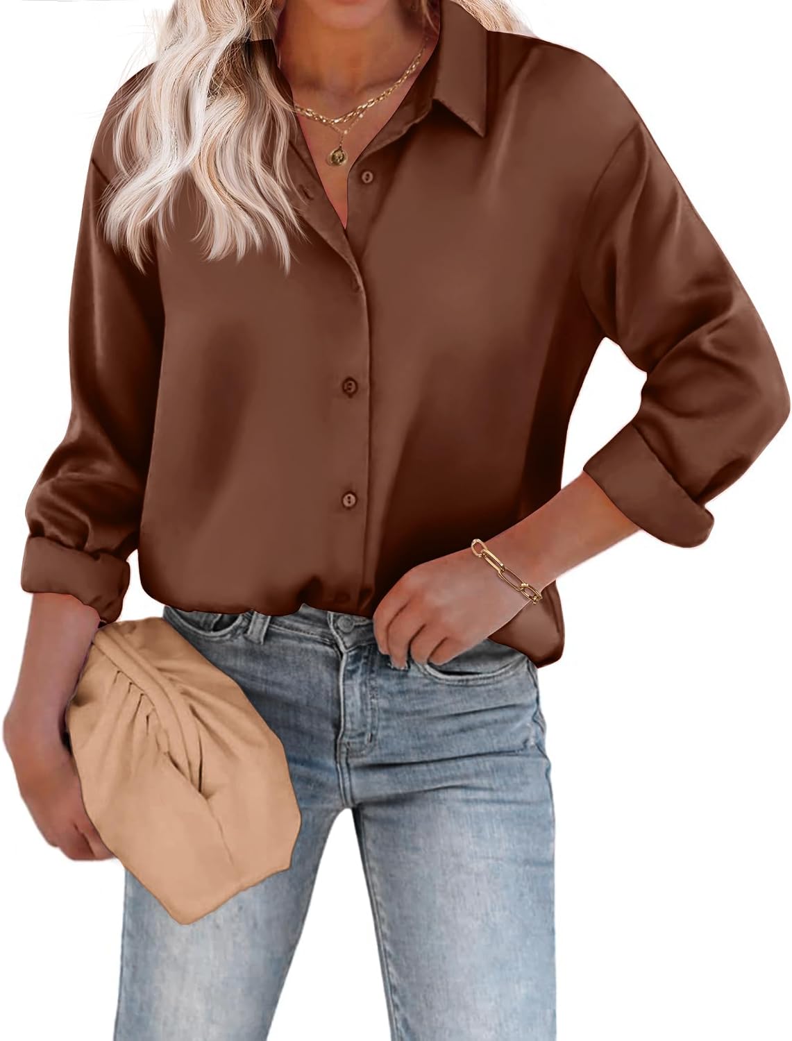 Detalle 2 de Chigant Women's Satin Blouse button-down shirt