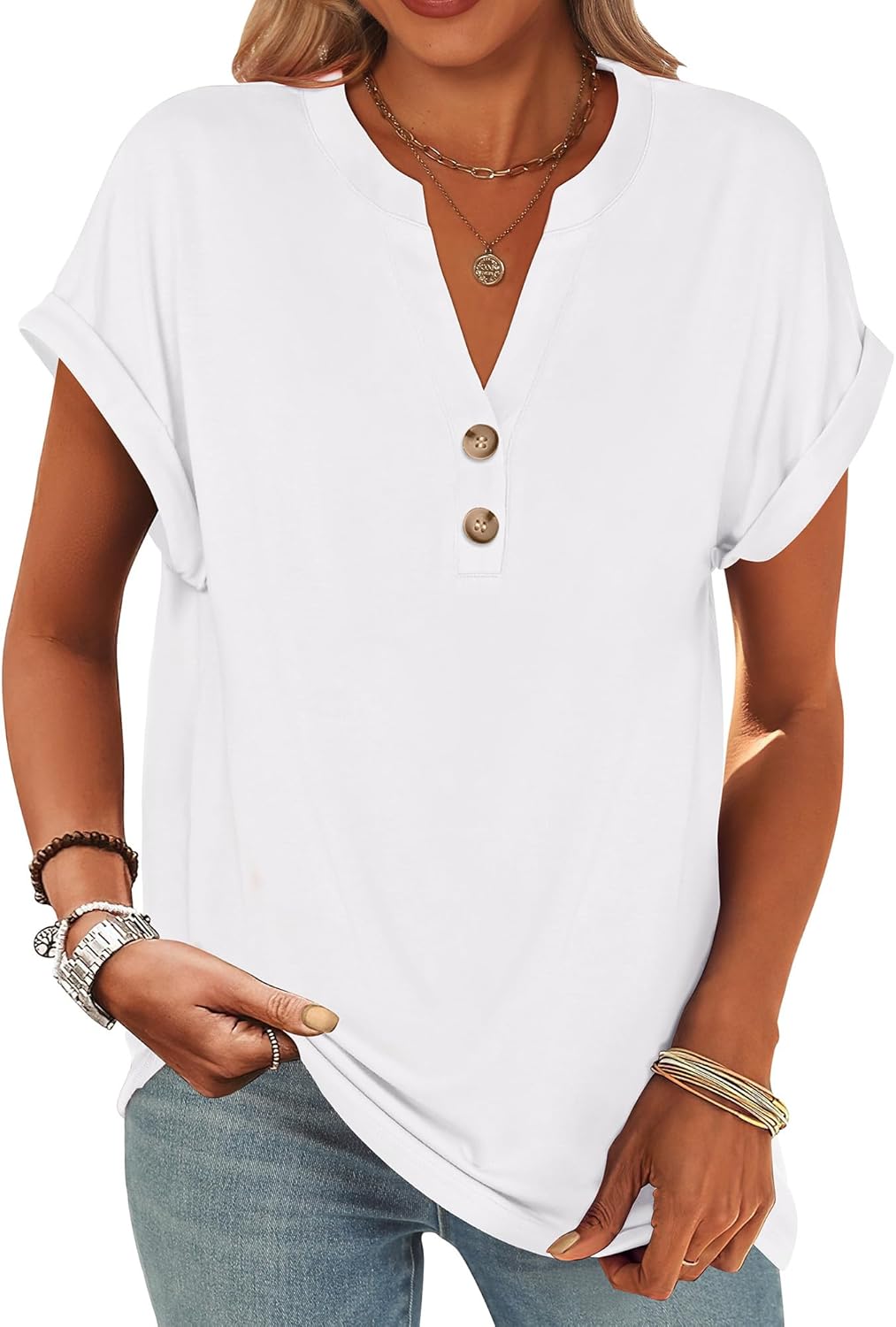 Detalle de ANRABESS Women's Short Sleeve Henley Tops with V-Neck — Dressy Casual Blouses for Summer
