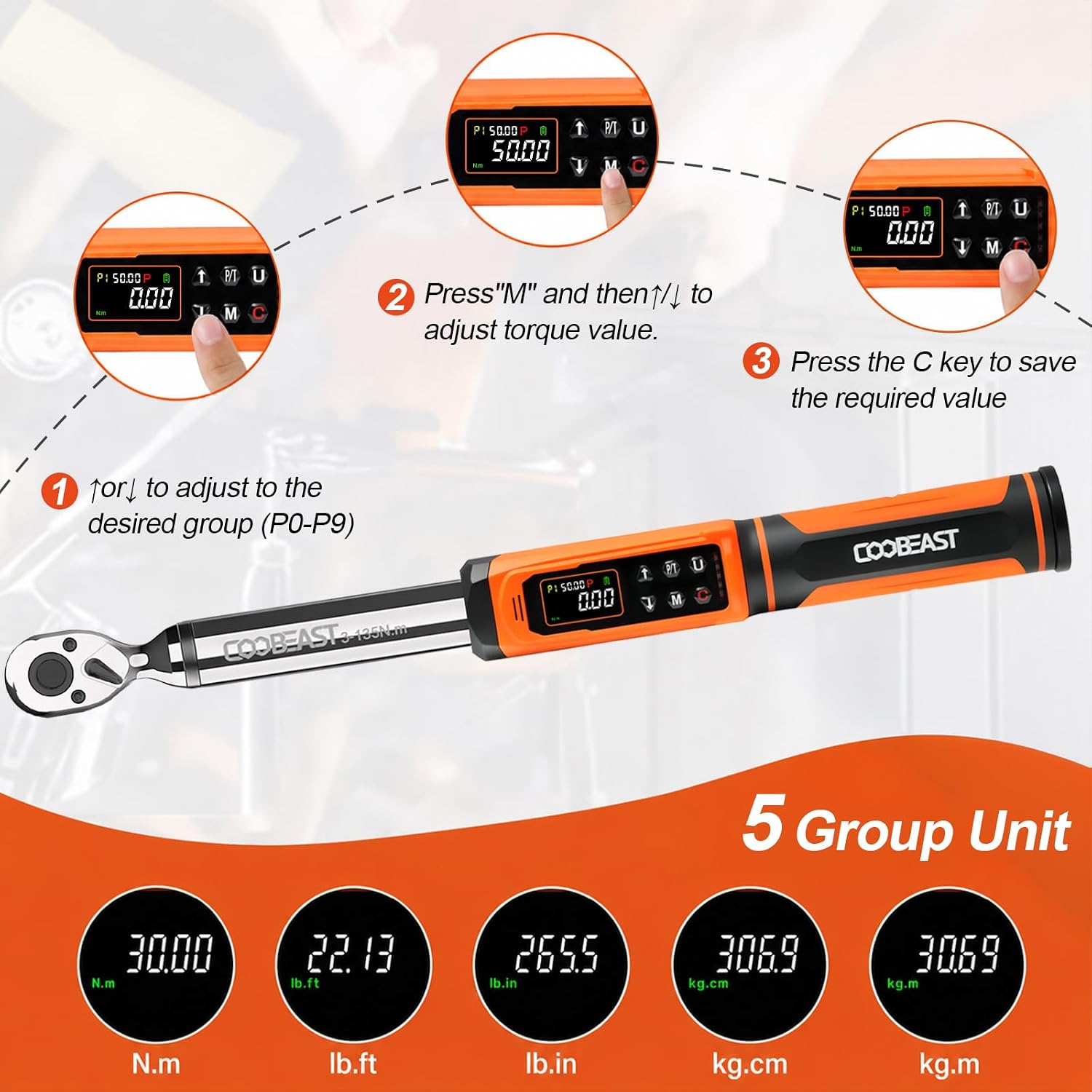 Detalle de coobeast 3-135NM Digital Torque Wrench, 3/8-Inch Drive, 1.5–99.5 ft-lb