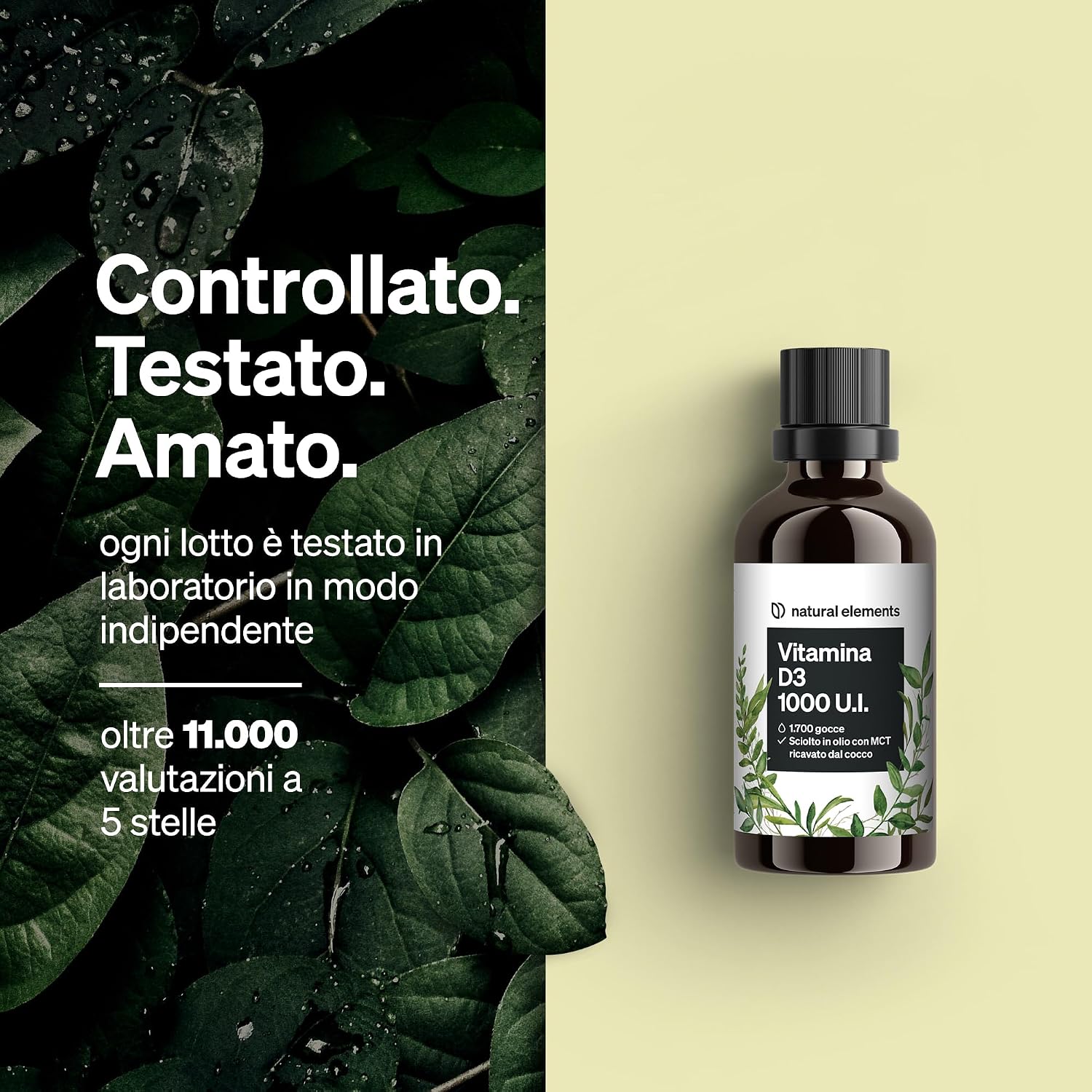 Detalle de Natural Elements Vitamina D3 1000 UI per goccia, 50 ml (1.750 gocce) in olio MCT di cocco