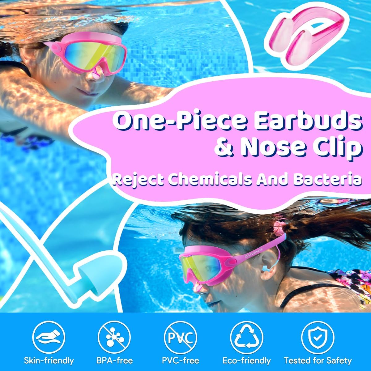 Thumbnail 5 de Vvinca Kids Swimming Goggles (2 Pack) with Earplugs, Nose Clip, Anti-Fog & UV Protection for Ages 3–15