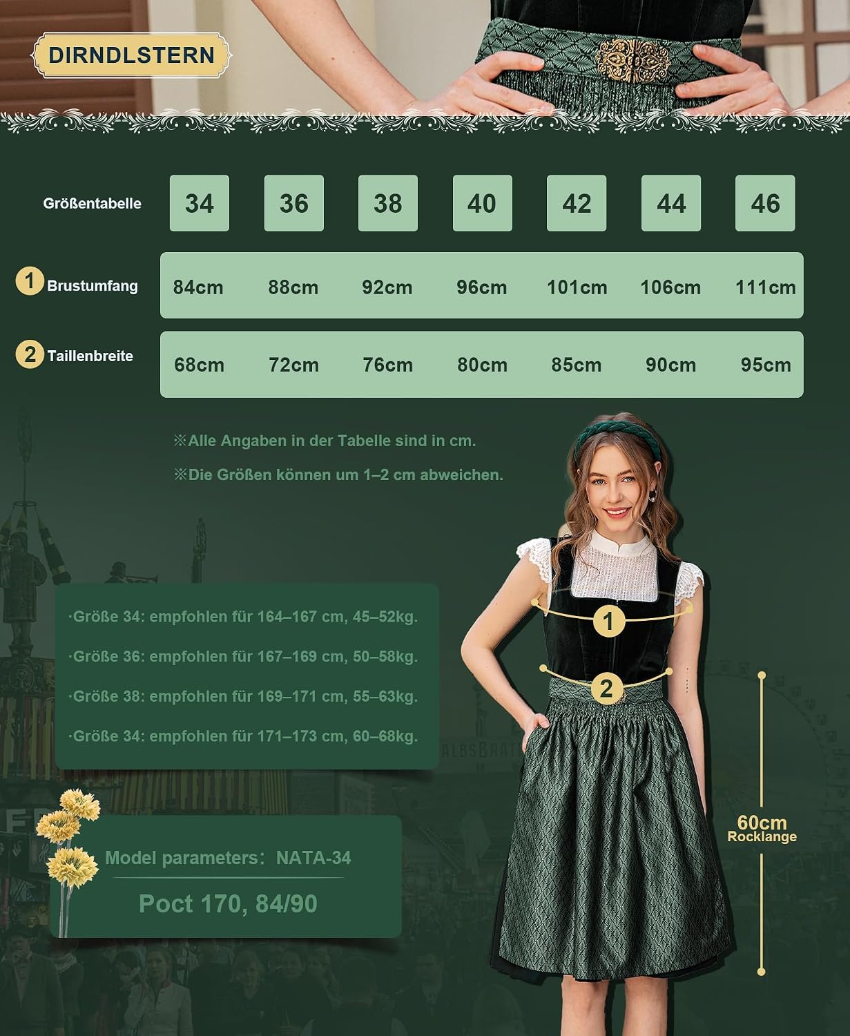 Thumbnail 3 de DIRNDLSTERN Damen Trachtenkleid Grün – Midi-Samt-Dirndl mit Schürze, perfektes Oktoberfest-Outfit