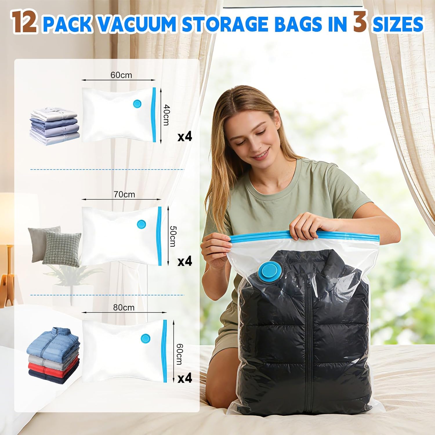 Detalle de 12 Pack Vacuum Storage Bags with Wireless Electric Pump – 3-Size Combo for Travel and Home