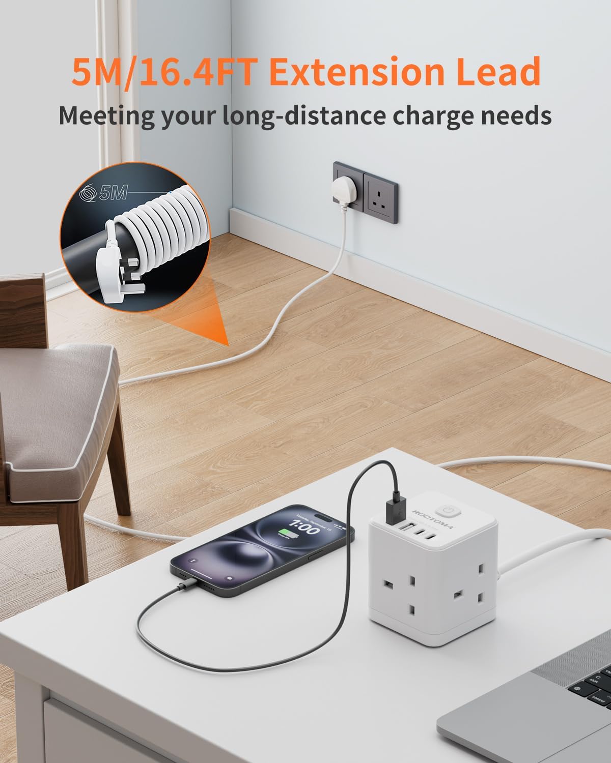 Thumbnail 2 de Extension Lead 5m with USB Slots – 3-Way Cube Power Extension with 4 USB (13A/3250W)