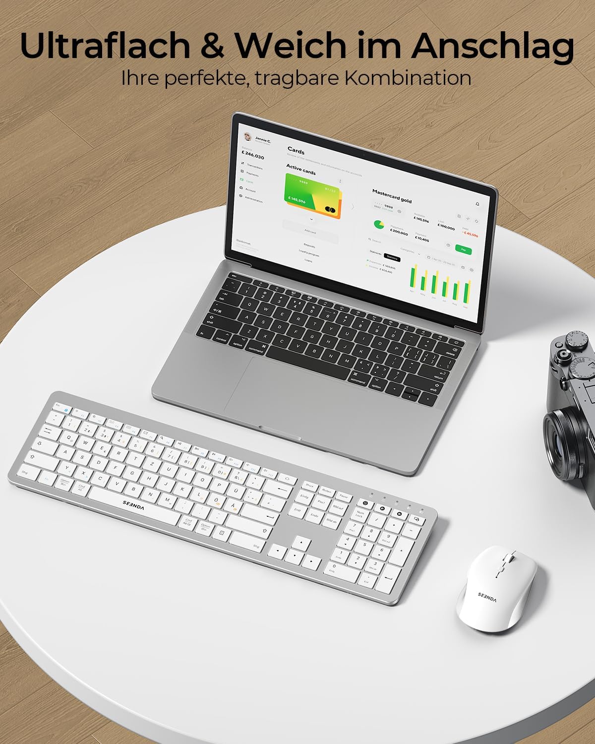 Detalle de Seenda COE300 – Kabellos-Set: Tastatur und Maus, Dual-Bluetooth + 2,4 GHz, ultradünn, QWERTZ, Weiß/Silber