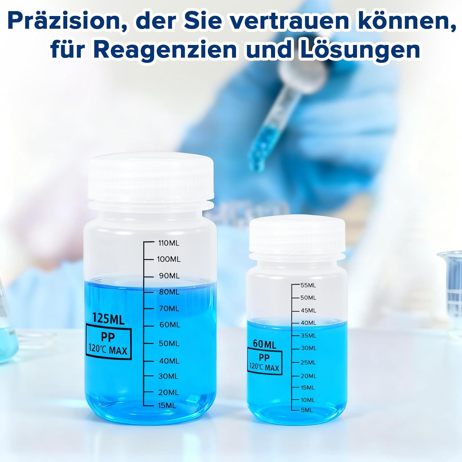 Thumbnail 2 de Mispudin 10er Set Weithalsflaschen mit Skalierung, 60 ml – Laborflaschen aus Kunststoff mit Trichter, Etiketten & Pinsel