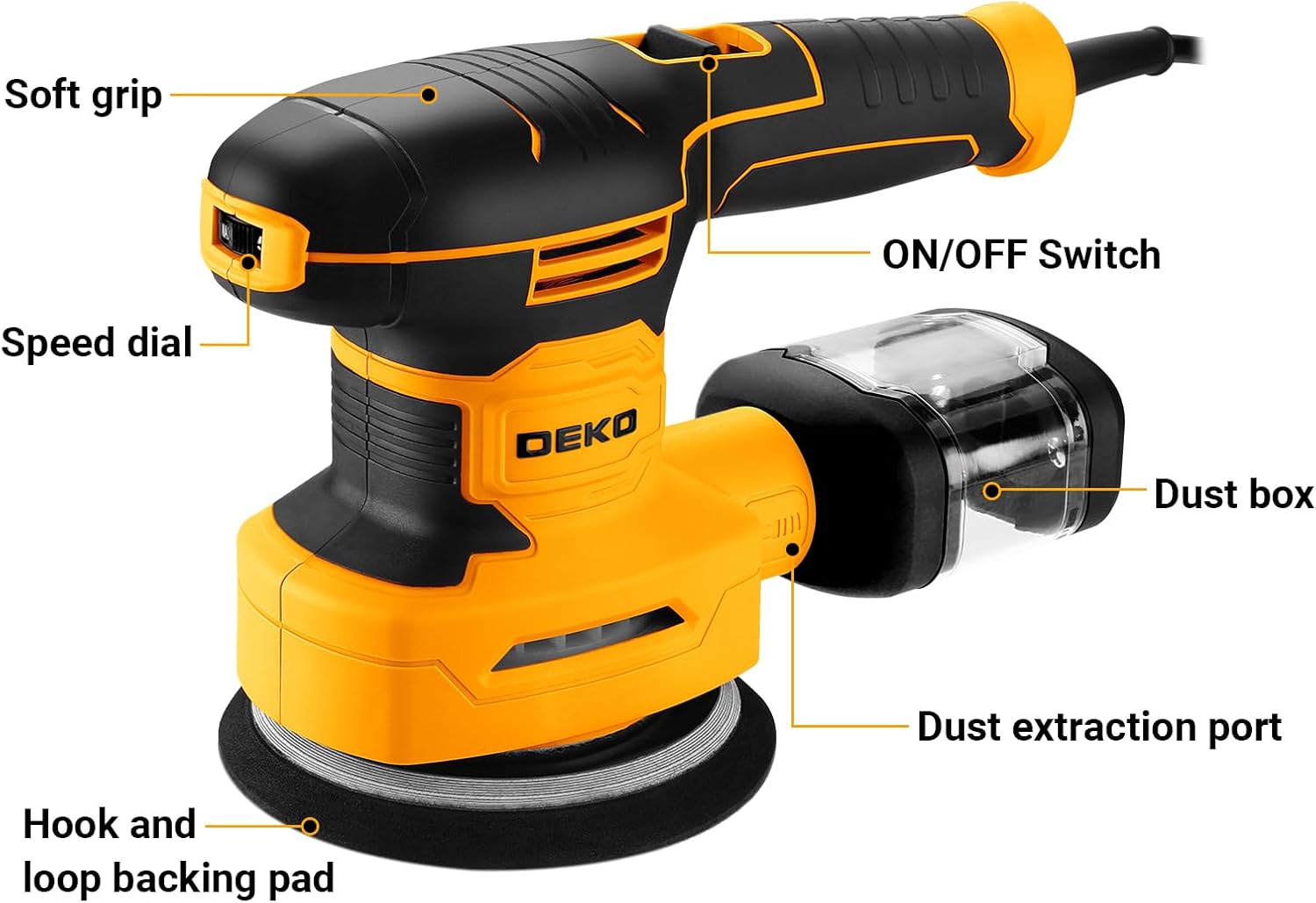 Detalle de DEKOPRO 3-IN-1 Levigatrice Orbitale: Levigatrice Multifunzione 300W, 6 velocità, 13000 RPM e 15 fogli inclusi