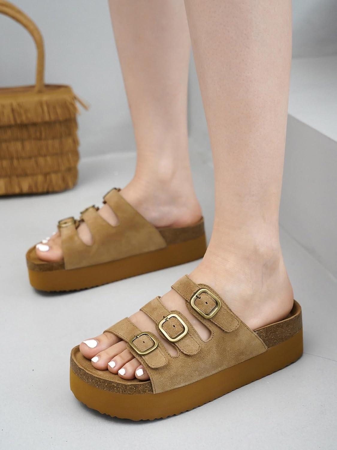 Detalle de Project Cloud 3-Strap Platform Sandals in Genuine Leather for Women (Memory Foam Insole)