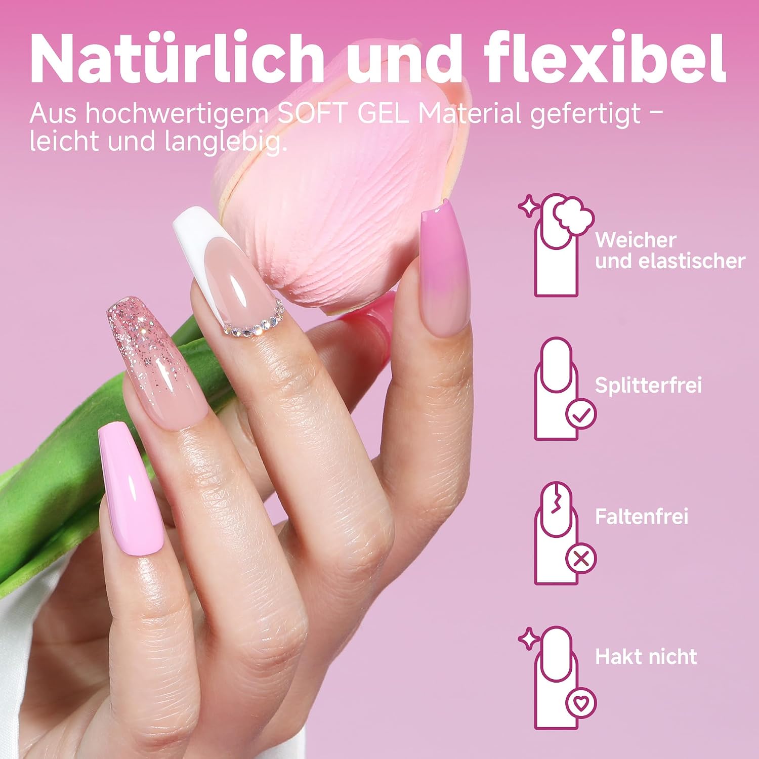 Thumbnail 2 de UNA GELLA Medium Ballerina Nagelspitzen – 120 Stück, 12 Größen, Klar, Coffin-Form, Halbfestes Gel für DIY & Salon