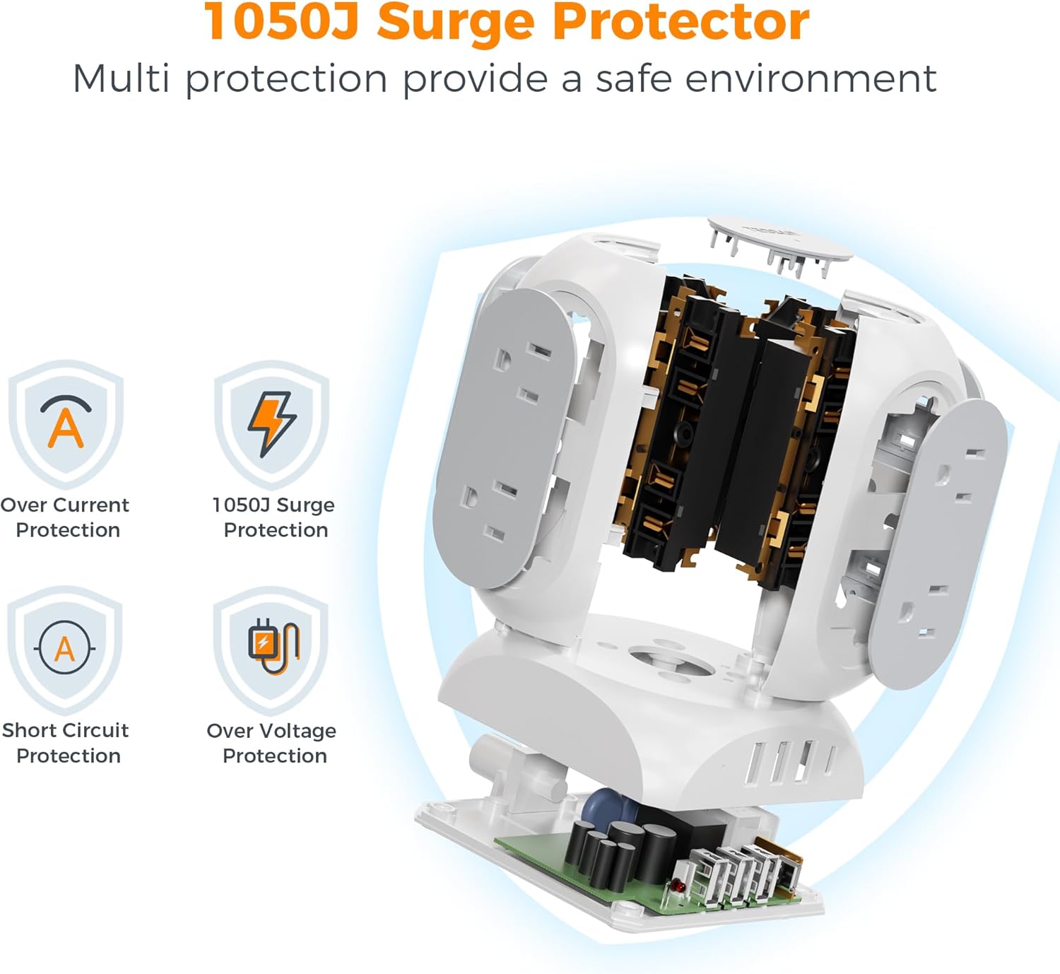 Thumbnail 4 de TESSAN TPS05-US-C Tower Power Bar with 8 AC Outlets, 4 USB Ports and 1050J Surge Protection