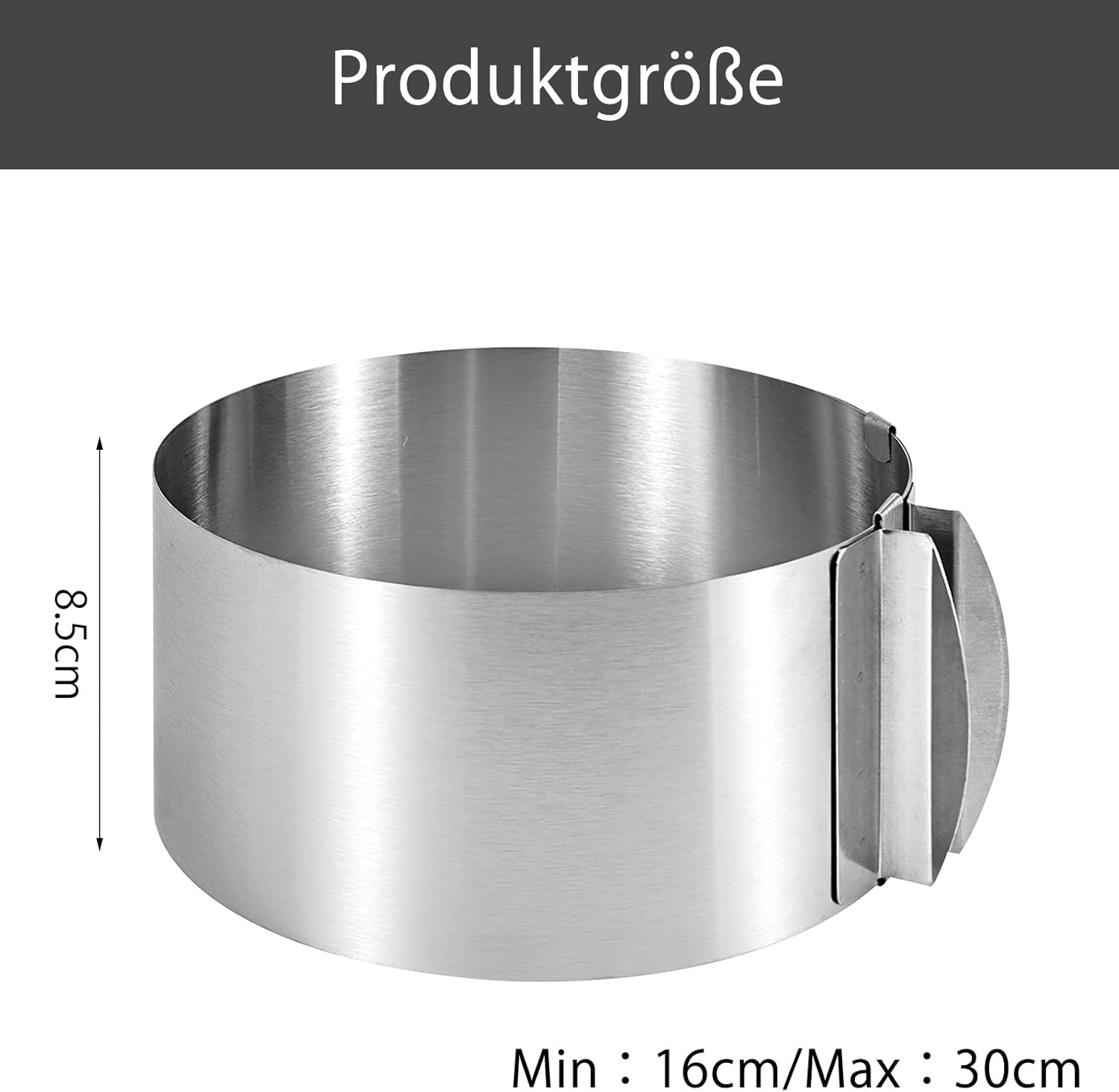 Detalle 2 de WOKICOR Verstellbarer Tortenring 16–30 cm, 8,5 cm Hoch, Rostfreier Edelstahl – Stabiler Backrahmen für Schichttorten