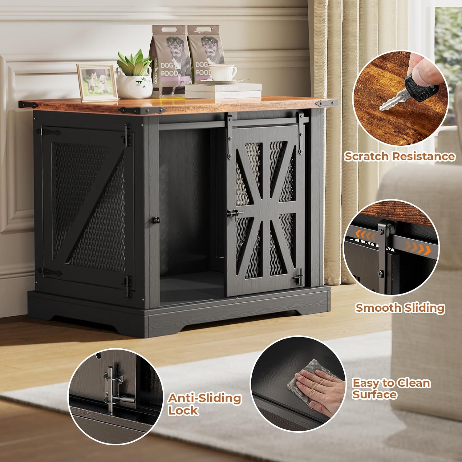 Detalle de Dog Cage Furniture: 70cm Three-Door Wooden Dog Cage with Sliding Doors (Black)