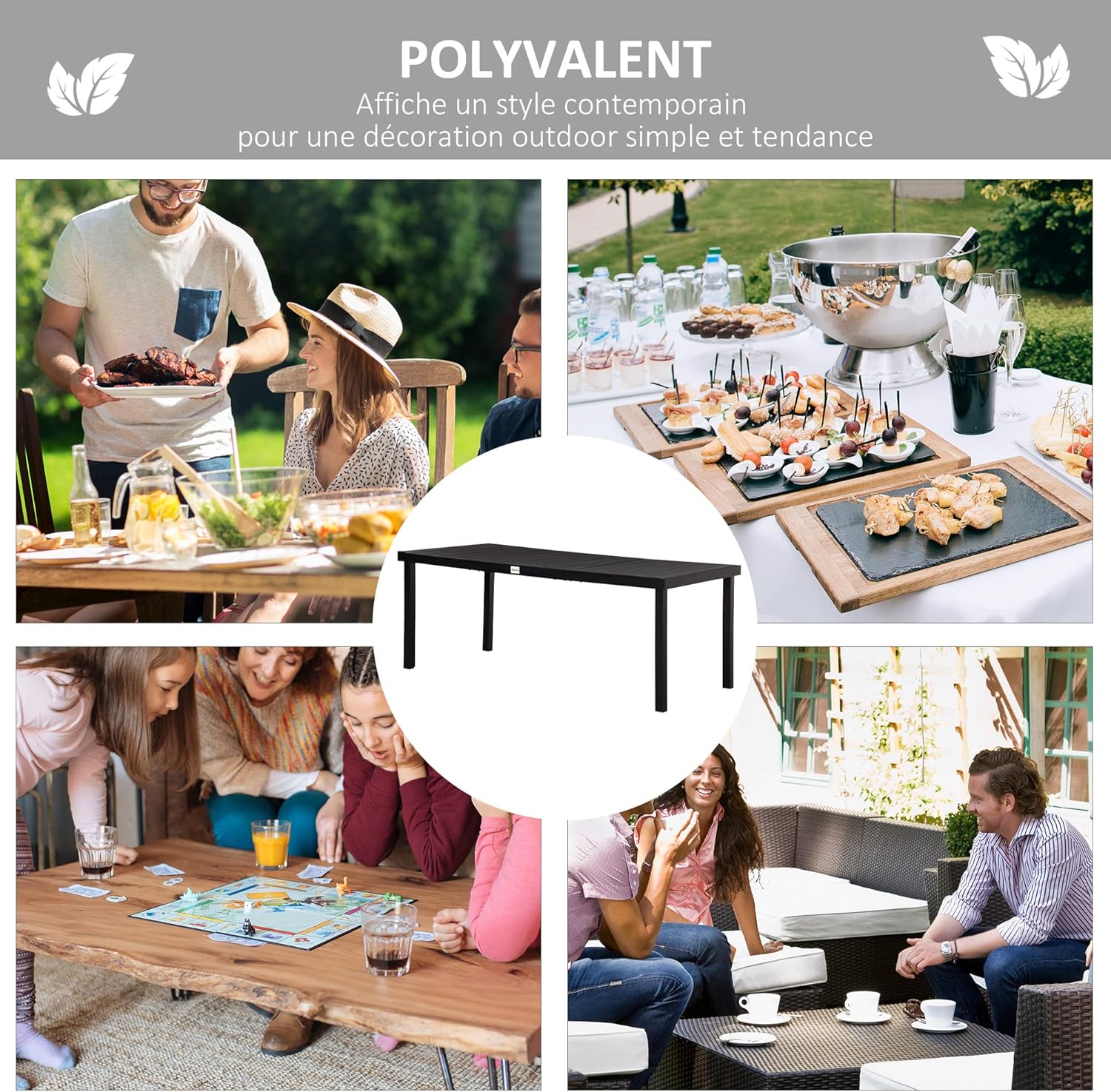Thumbnail 5 de Outsunny table à manger de jardin pour 8 personnes en aluminium (190 x 90 x 74 cm), noir