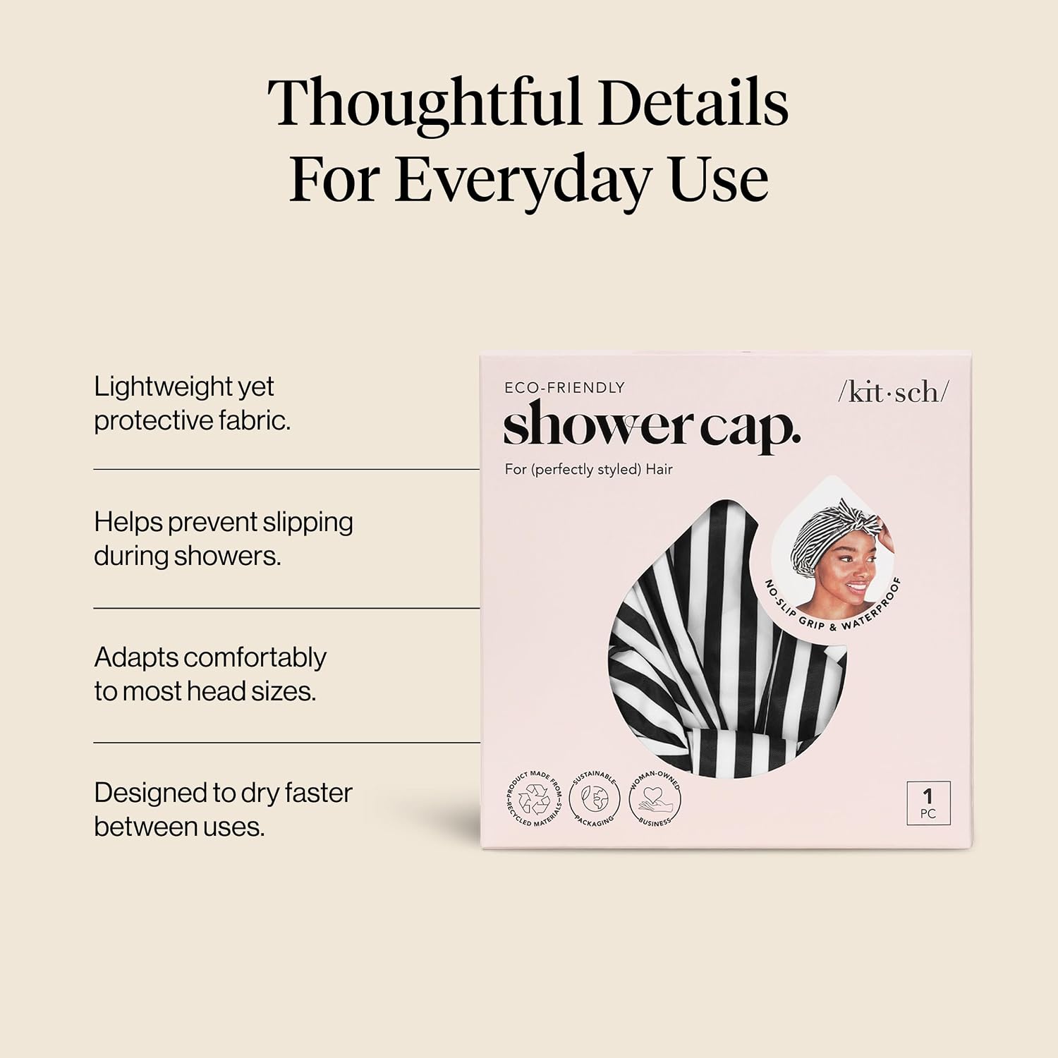 Detalle de Kitsch Luxury Large Shower Cap, Reusable Waterproof Polyester, Black and White Stripe