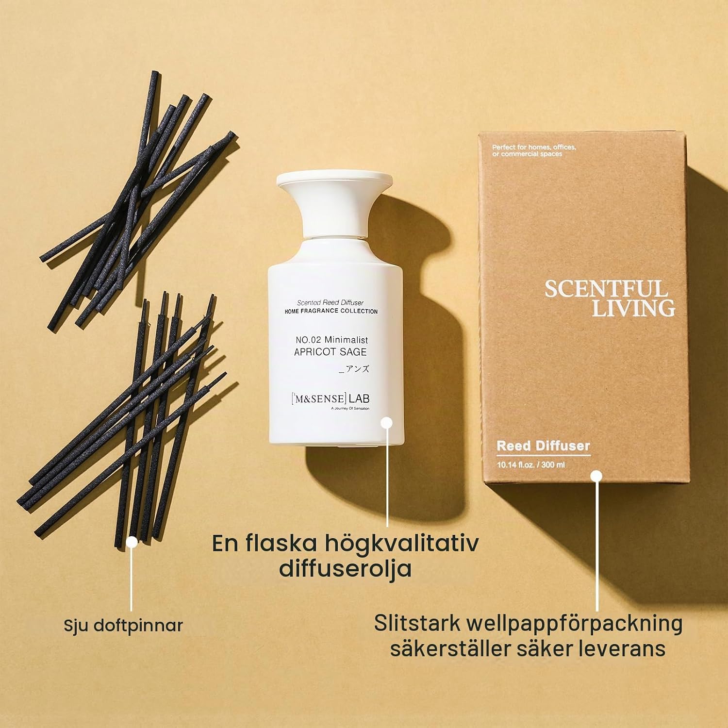 Detalle 2 de M&SENSE 300 ml rumsdoft med aprikos och salvia, 8 doftpinnar