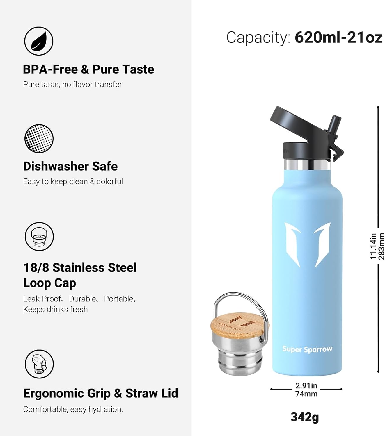 Detalle de Super Sparrow Borraccia Bambini 620ml: borraccia termica senza perdite, BPA free