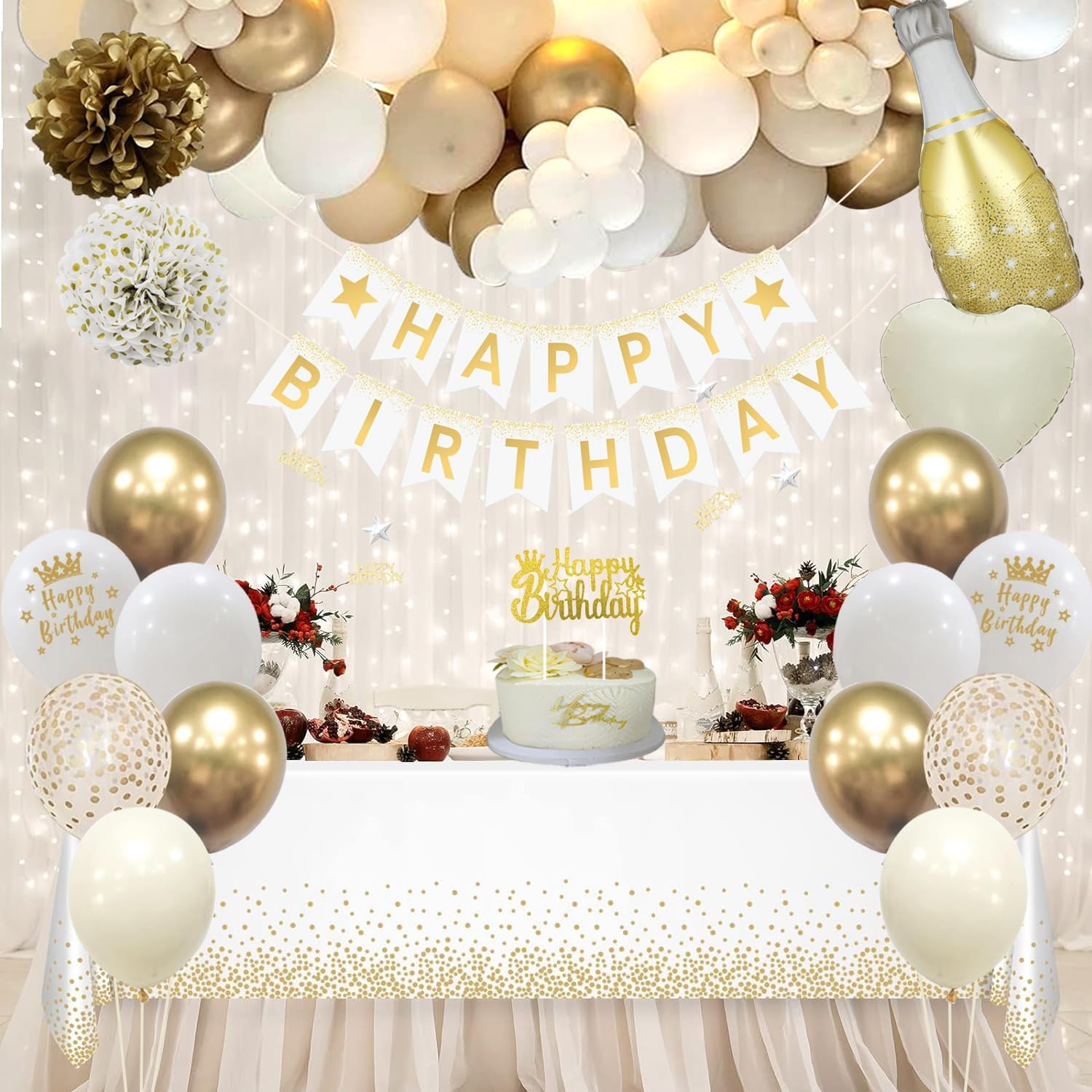 Thumbnail 6 de Geburtstagsdeko Gold, Beige Gold Weiß Party Deko Set mit „Happy Birthday“-Banner & Ballons