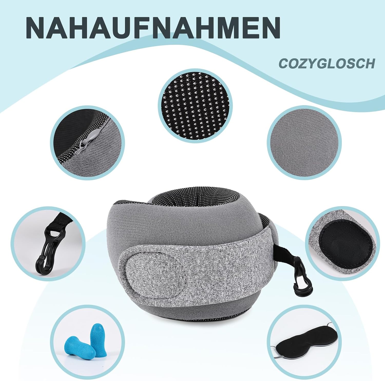 Thumbnail 3 de Nackenkissen Flugzeug mit Memory Foam – inkl. Ohrstöpseln, Augenmaske & Tragetasche