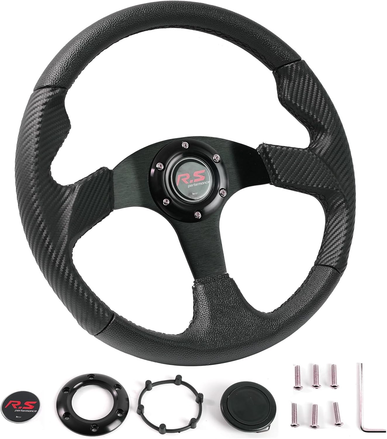 Detalle de AUTOXBERT 3PCS Racing Car Steering Wheel 350mm (14") – PVC Leather, 6-Bolt, Universal Fit