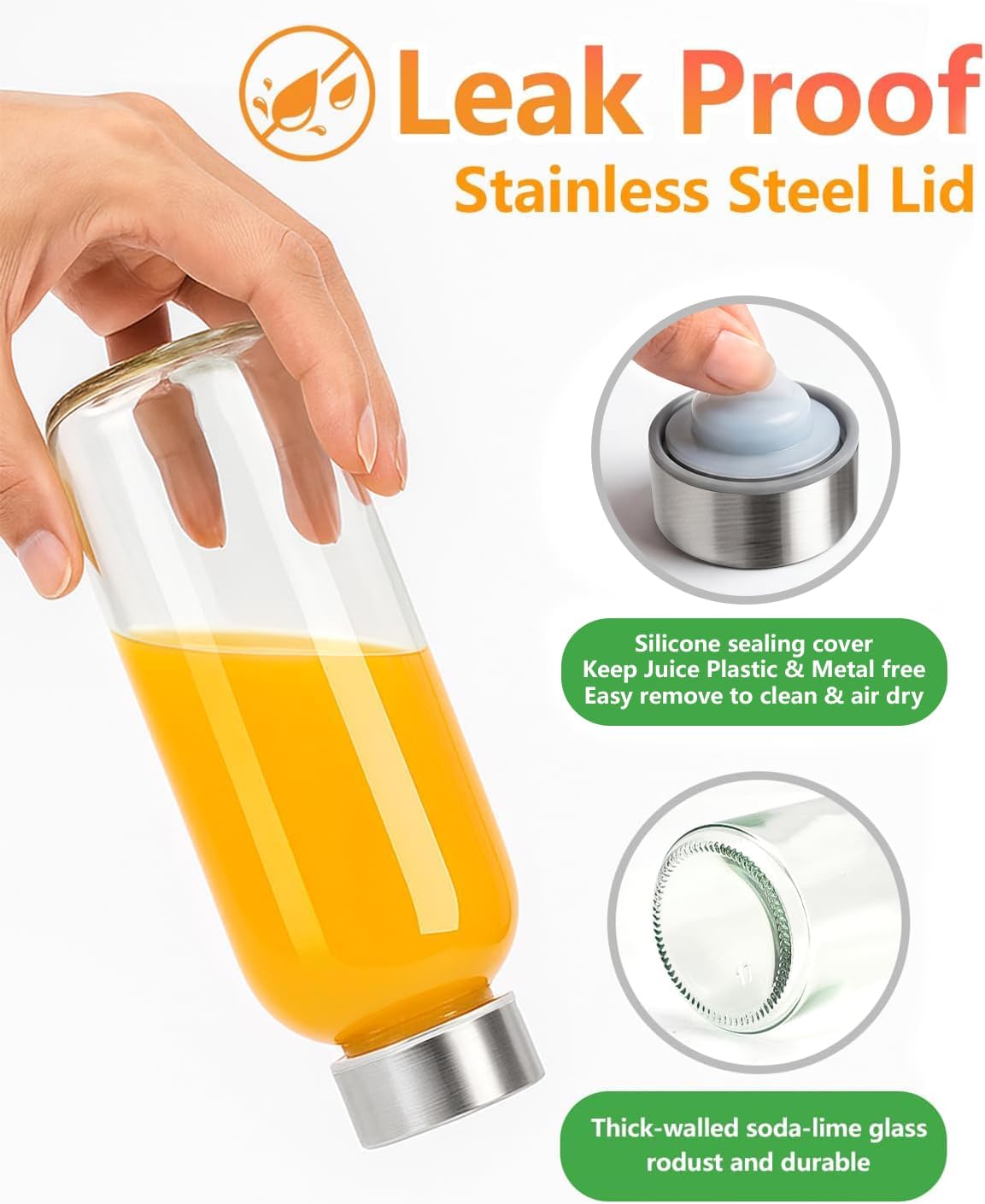Detalle de Zukro 16oz glass bottles, Set of 4 with Stainless Steel Lids