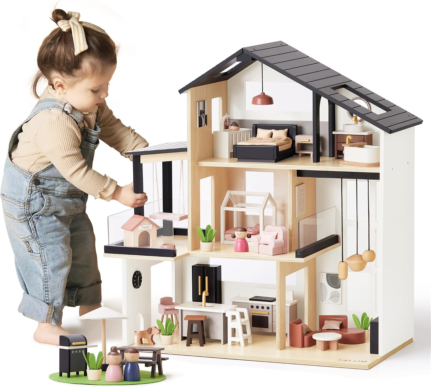 Detalle de Tiny Land Wooden Doll House: Modern Family 7-Room Dollhouse with 53 Accessories