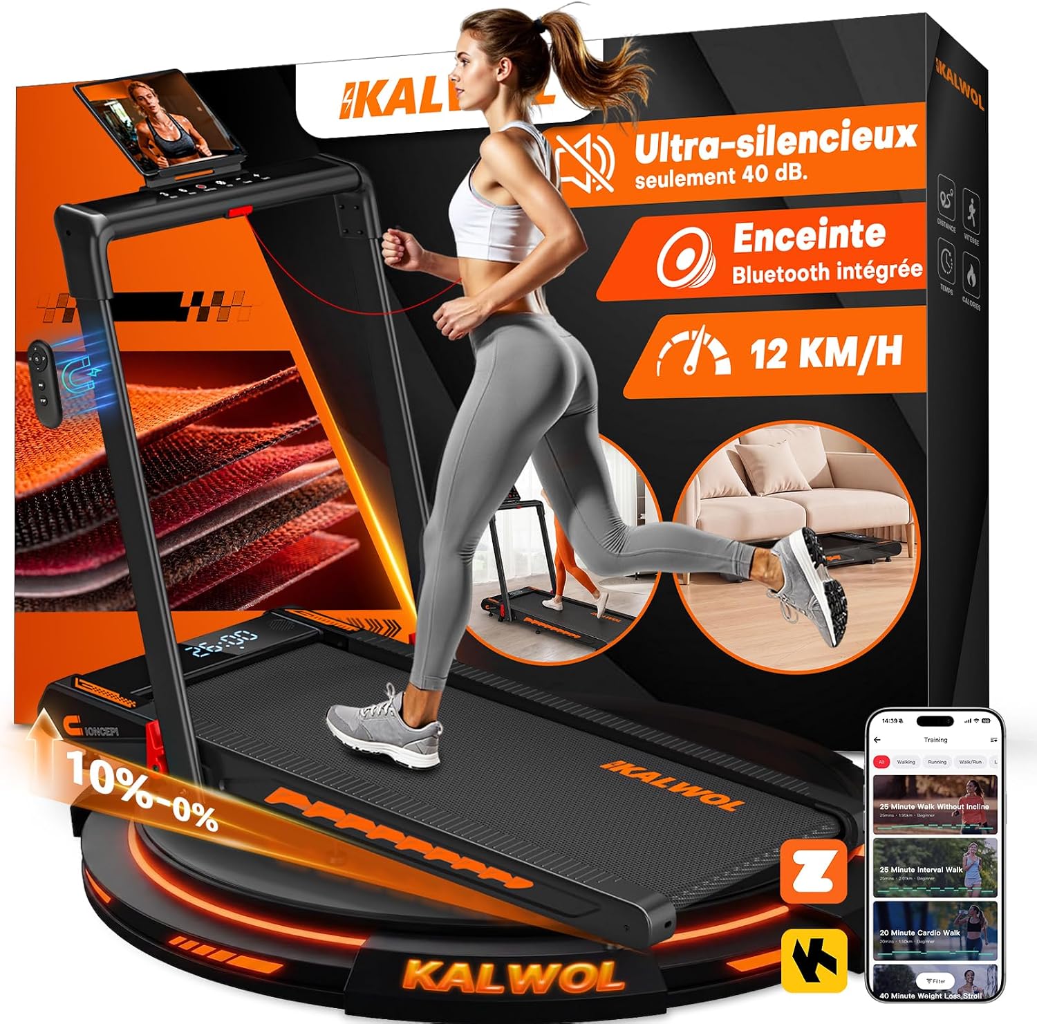 Detalle de Tapis de Course 6 en 1 Kalwol: pliable, inclinable à 10% et haut-parleur intégré