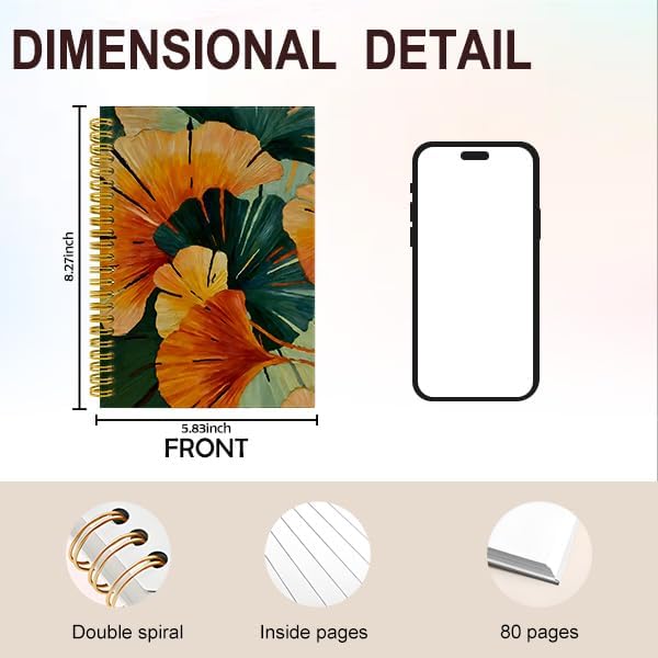 Detalle 2 de Wagoba Boho Abstract Ginkgo Leaf Spiral Hardcover Notebook, 80 Pages