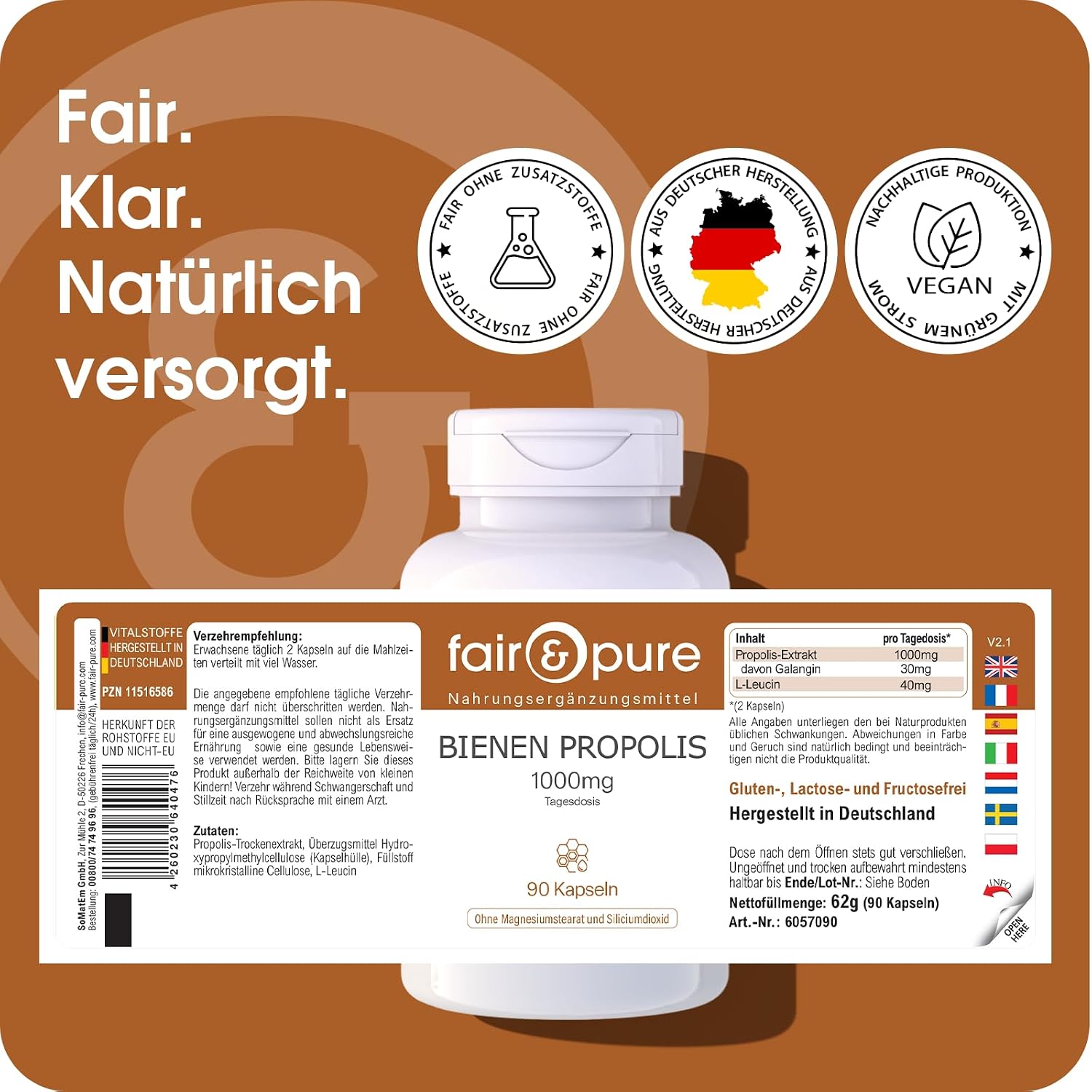 Detalle de Fair & Pure Bienen Propolis 1000mg Tagesdosis – 90 Kapseln, natürliches Bienenharz, hergestellt in Deutschland