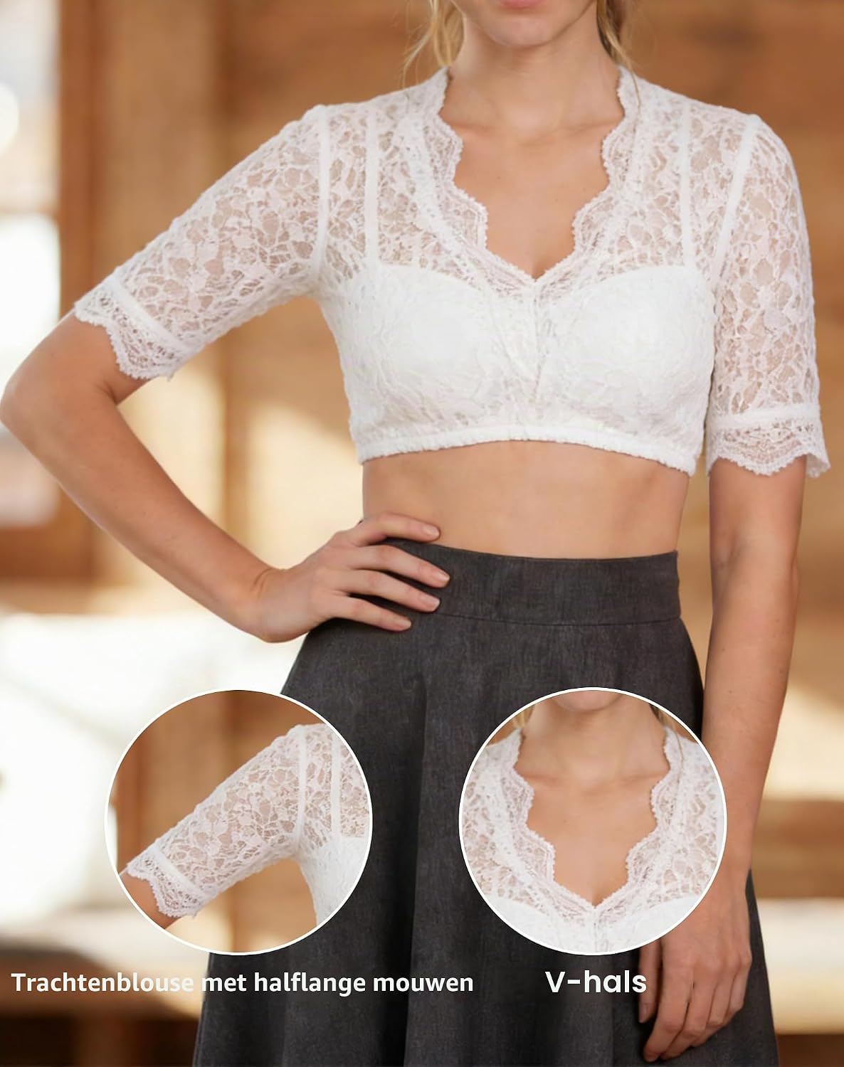 Thumbnail 3 de ZHAOCAI dirndlblouse voor dames met transparante kant en halflange mouwen