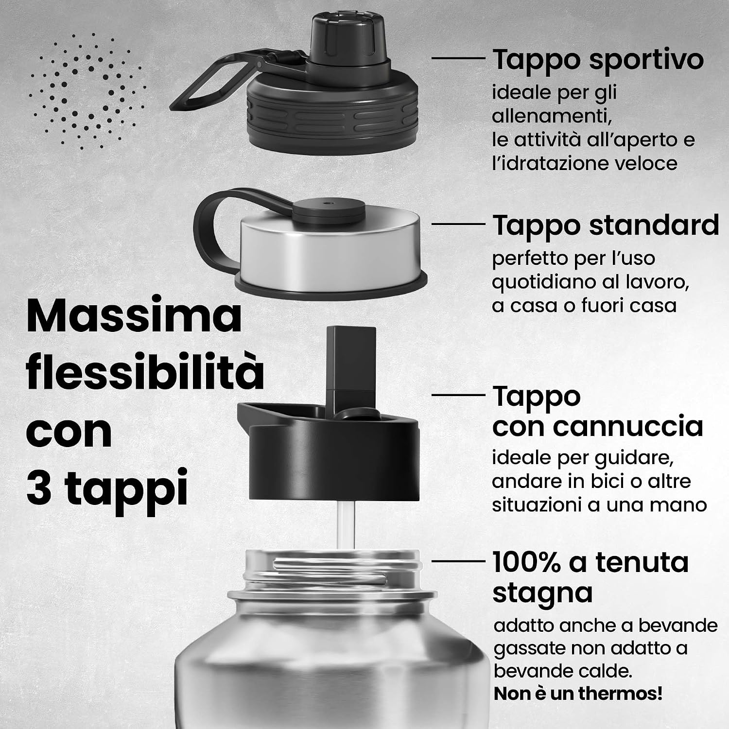 Detalle de Active Flask XL 1,3 L: borraccia in acciaio inox con cannuccia e 3 tappi, resistente a perdite