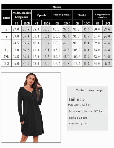 Detalle de Crewhpo Chemise de Nuit Femme—Manches Longues en Coton, Col V, Coupe ample et Confortable