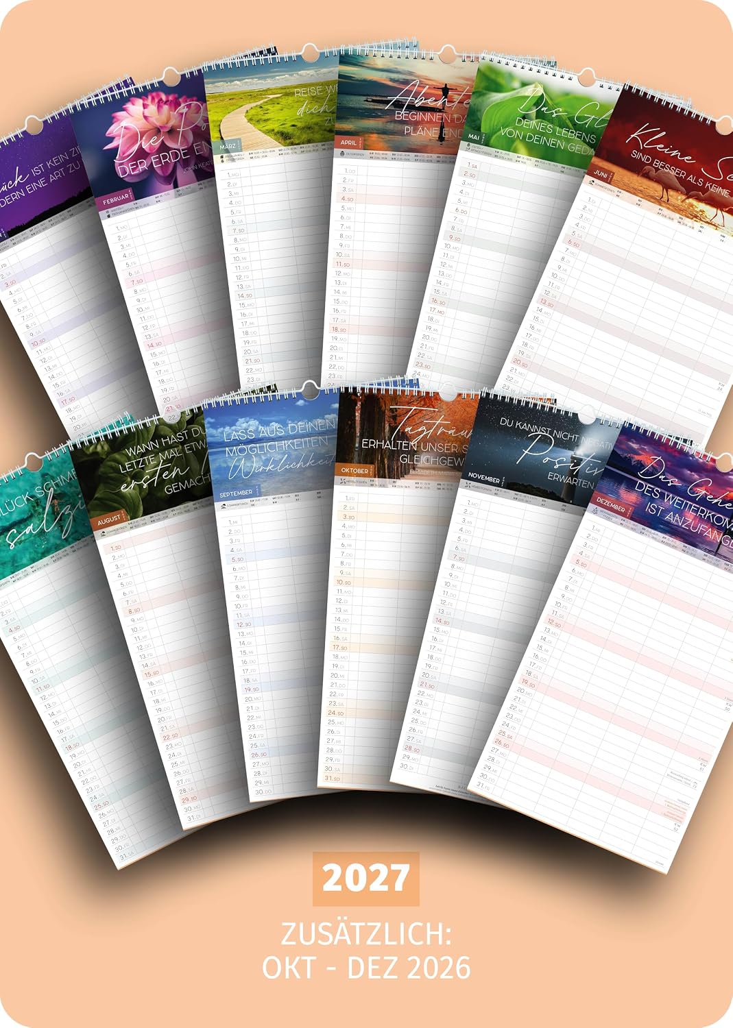 Detalle de Spielefabrik Familienkalender 2027 – Fünf Spalten WEISHEITEN, 23 × 43 cm