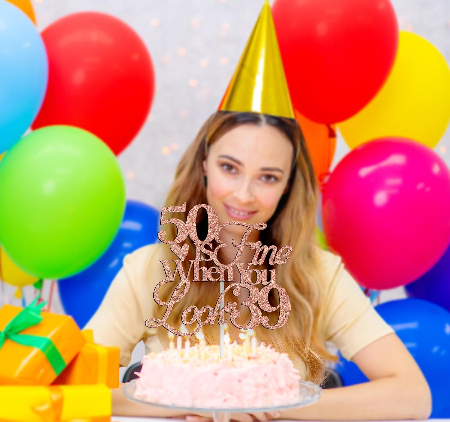 Detalle de NARLOPI I-0348 50th Birthday Cake Topper, Glitter Card Paper, 4-Inch Wide