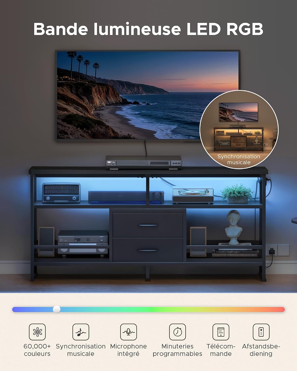 Thumbnail 3 de CO-Z Meuble TV 140 cm — Éclairage LED, hub USB et étagères ouvertes