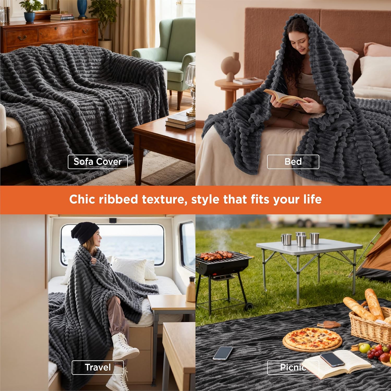 Detalle de Bedsure King Size Fleece Blanket in Dark Grey (230 x 270 cm)