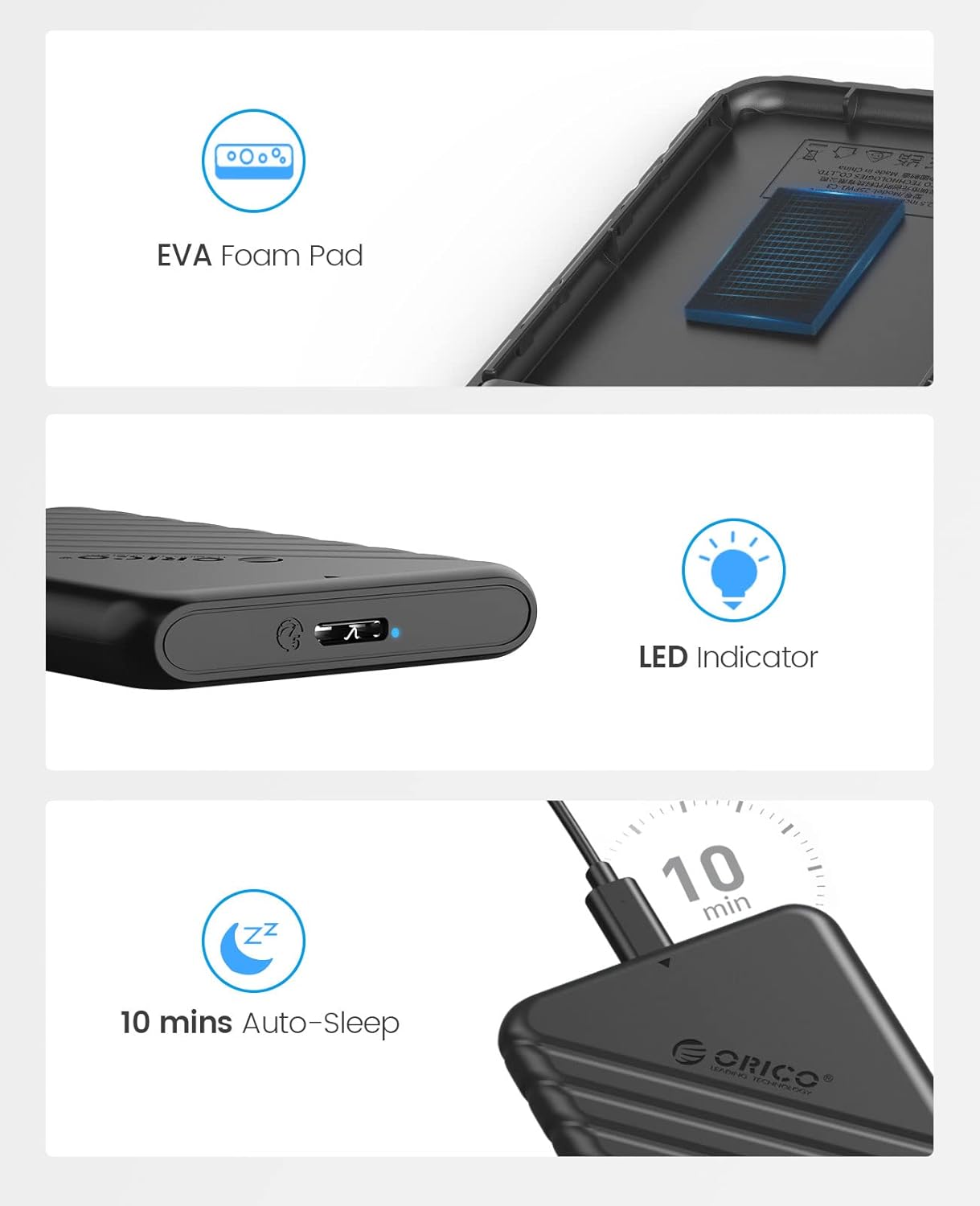 Detalle de ORICO lot de 4 boîtiers pour disque dur 2,5" USB 3.0 UASP/TRIM (sans outils) noir