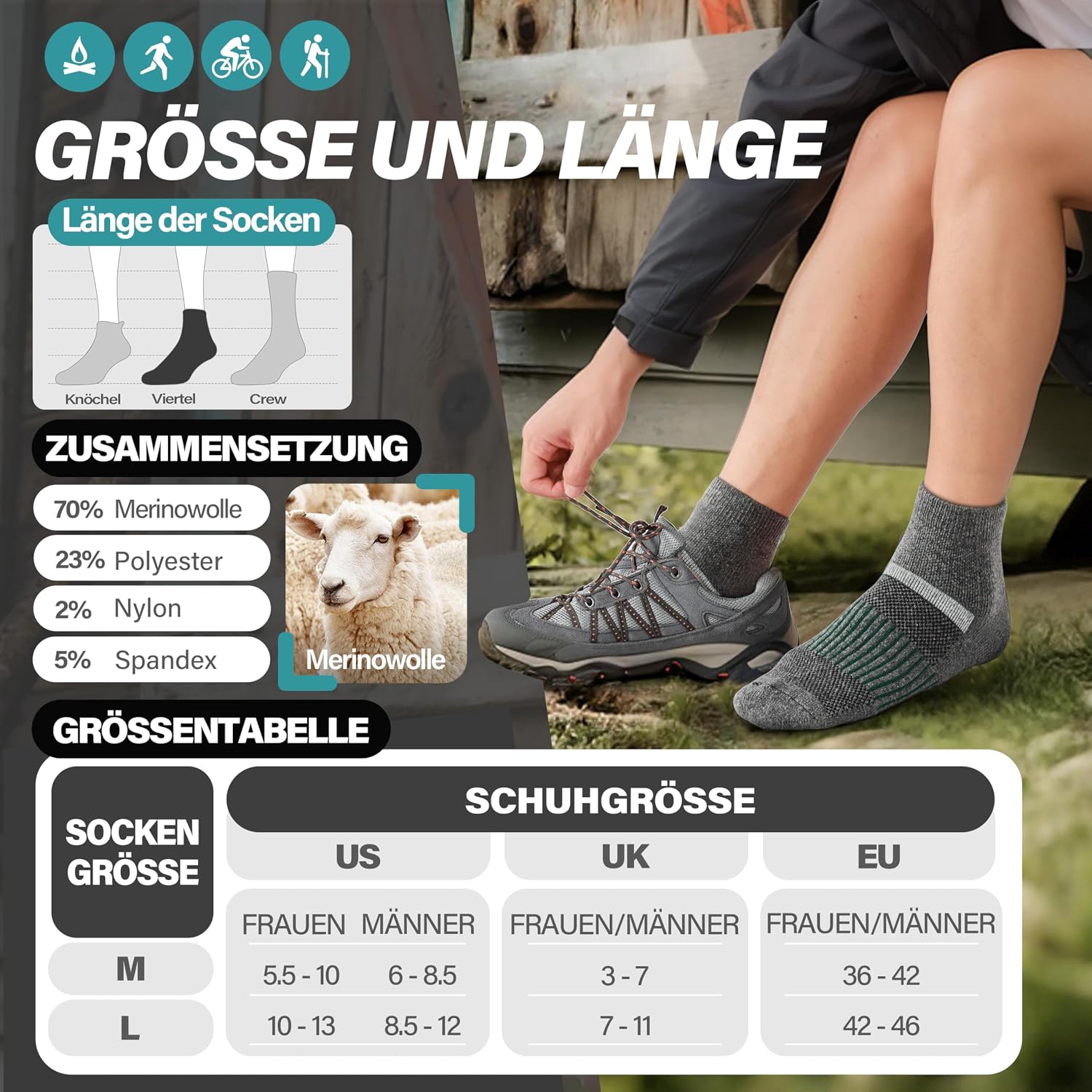 Thumbnail 4 de MOSEY KOSY Merino Kurz Viertellänge Wandersocken 6 Paar