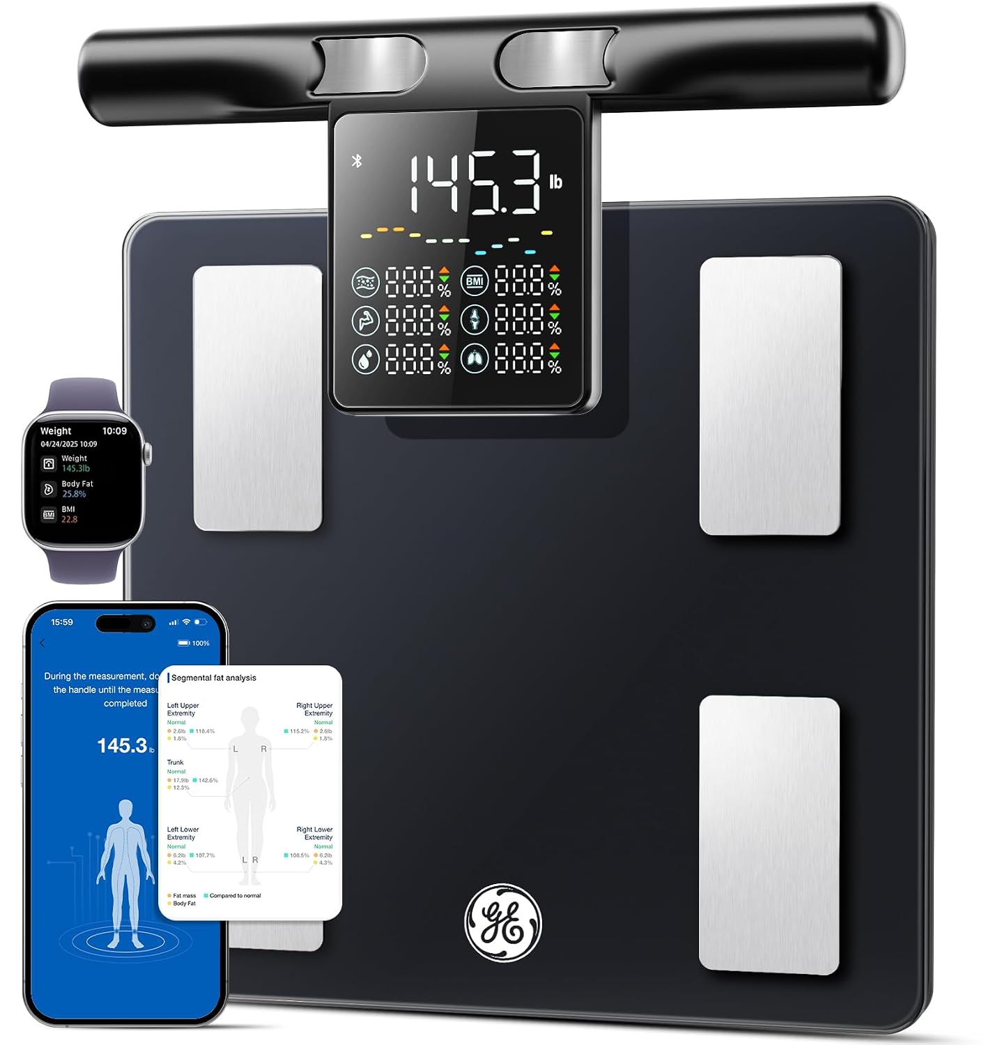 Detalle de GE Smart Scale for Body Weight (8-Electrode) — 400 lb capacity with full-body composition analysis and Bluetooth app sync (Black)