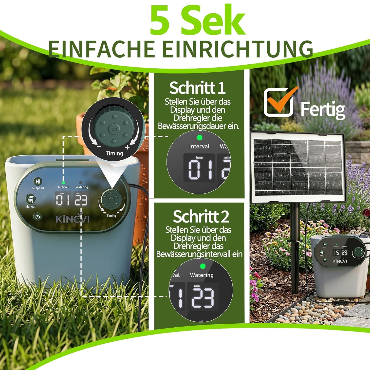 Thumbnail 2 de Solar Bewässerungssystem Garten Automatisches mit 22 Modi Timer – 15 m Schlauch, 15 Tropfstrahler (3W) für Balkon, Beet, Gewächshaus