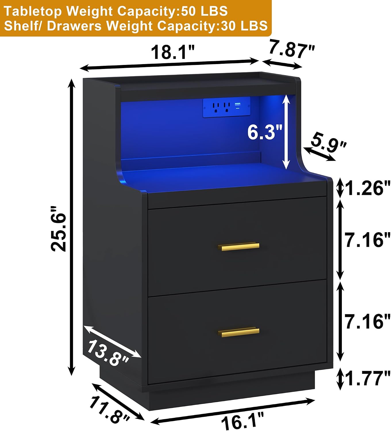 Detalle de Yusong LED Nightstand with Charging Station, RGB Lights, 2 Drawers, Black