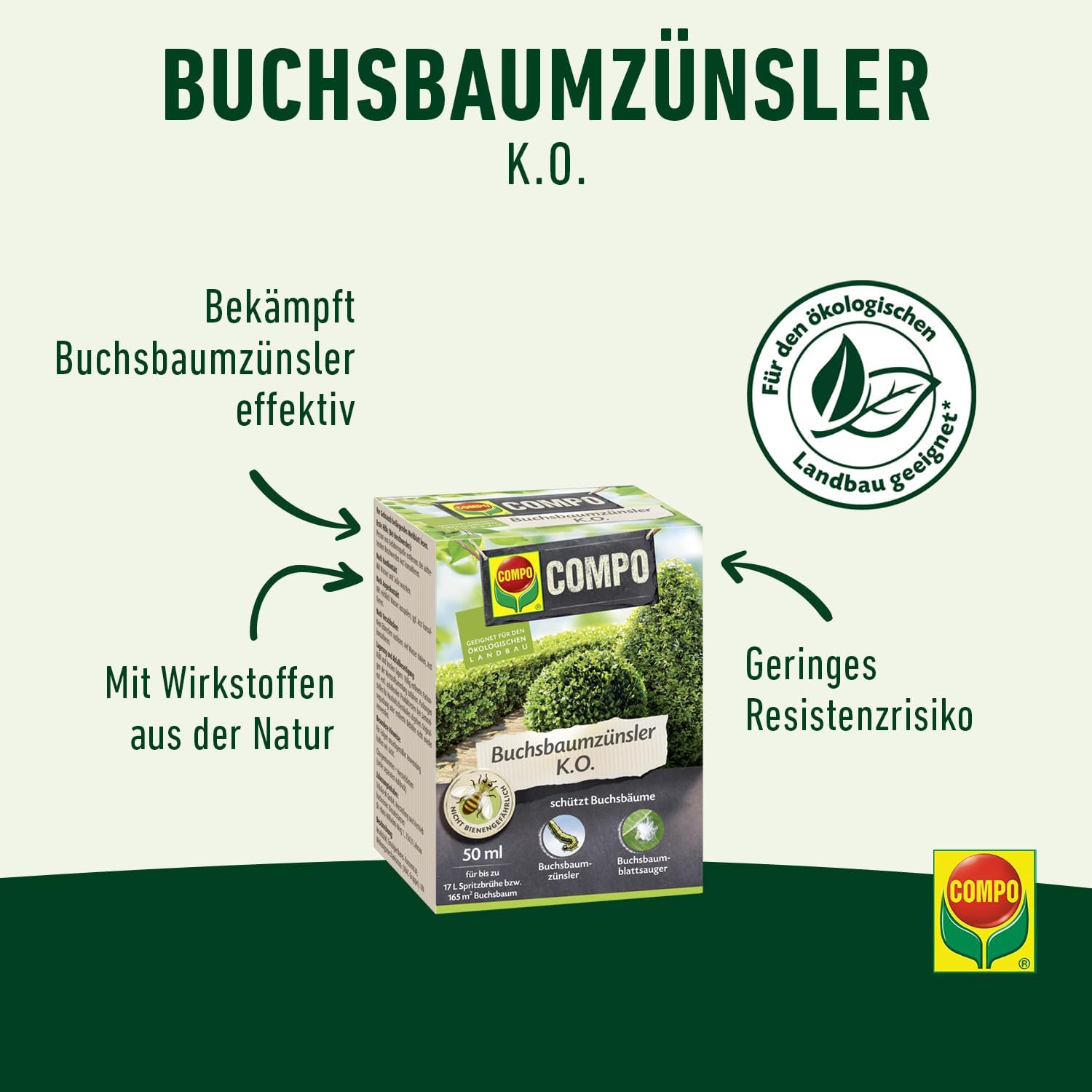 Detalle 2 de COMPO Buchsbaumzünsler K.O. – Konzentrat 50 ml mit Dosierbecher