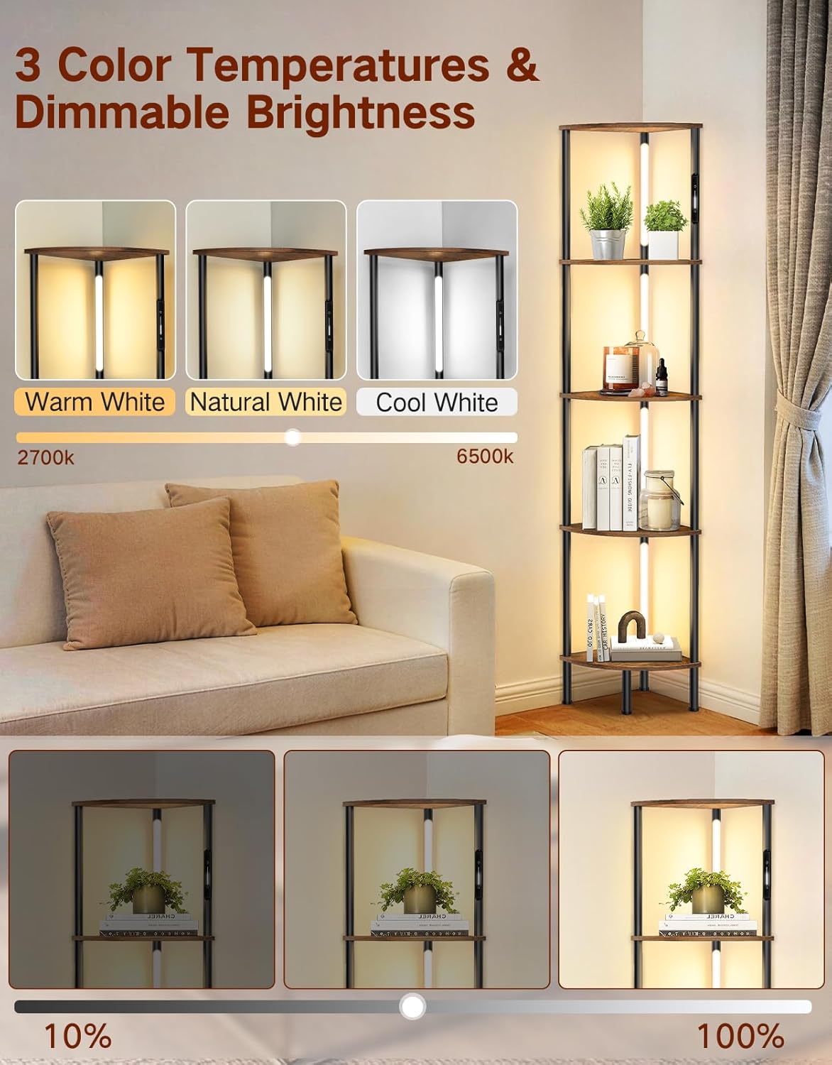 Detalle de OUTONLIFE LED Floor Lamp with Shelves (Rustic Brown) – 3 Colour Temps, Touch & Remote