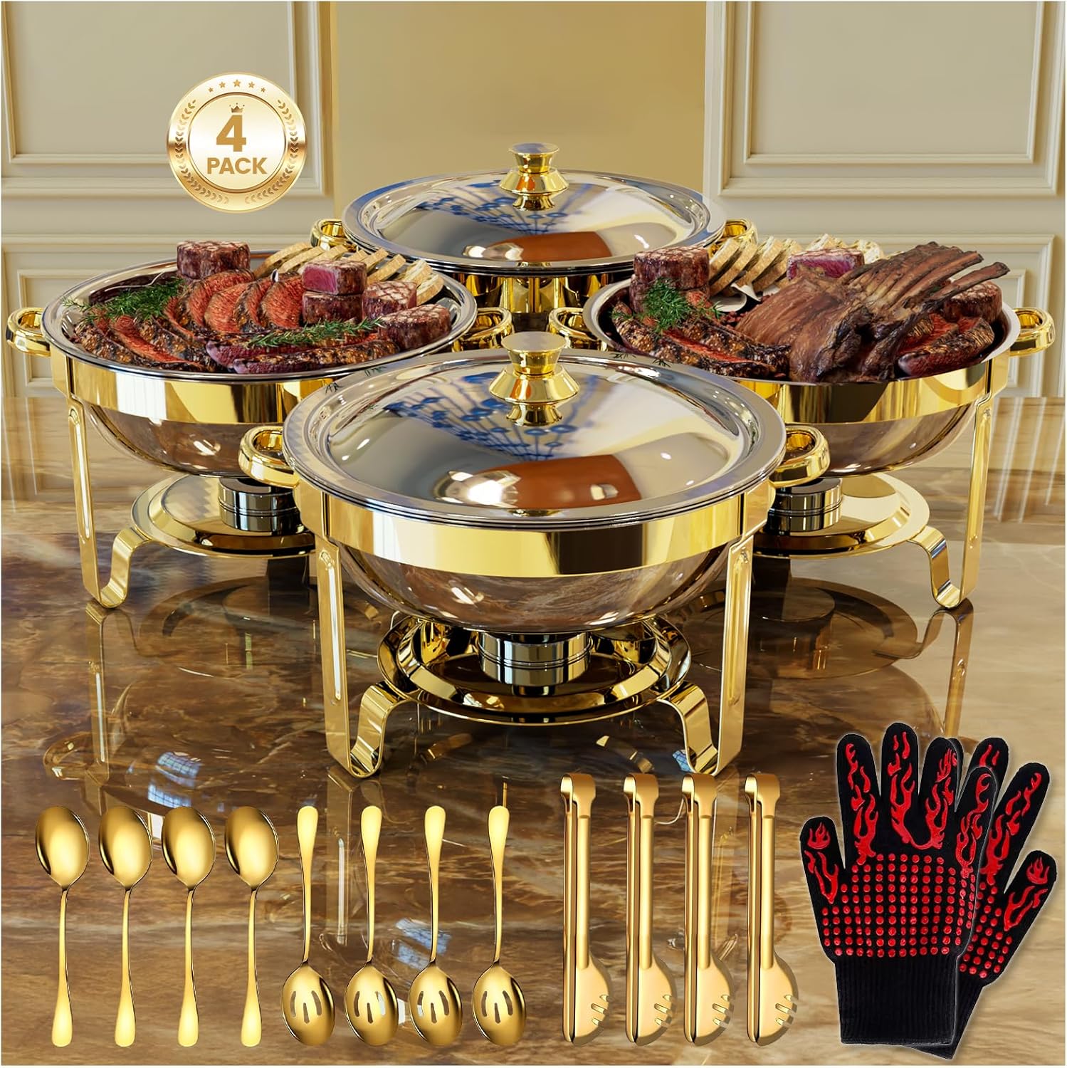 Detalle de Round Chafing Dishes for Buffet 4 Pack (6QT) – Gold Chafer Sets with Gloves, Spoons, Slotted Spoons & Tongs